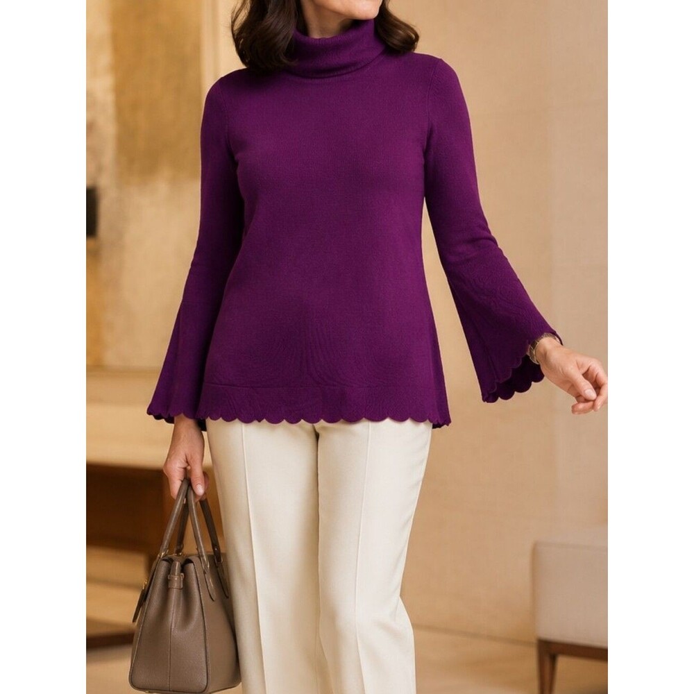 Isaac Mizrahi Scalloped Bell Sleeve Turtleneck S Sweater Purple Pullover